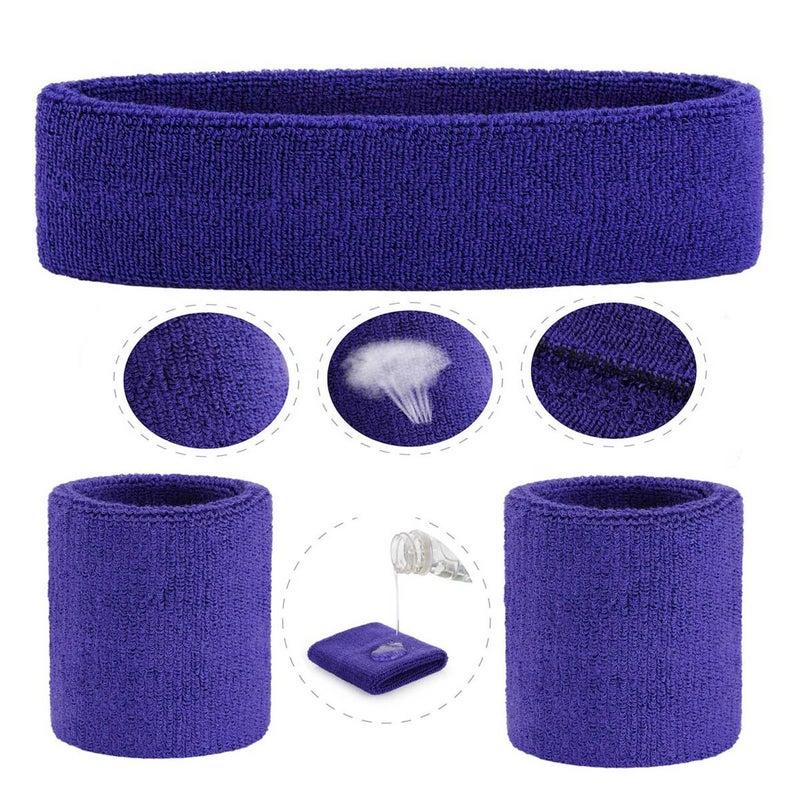 ONUPGO Purple Sweatband Set Sports Headband Wrist Striped Sweatbands Terry Cloth Wristband Athletic Exercise Basketball Wrist Sweatband and Headbands Moisture Wicking Sweat Absorbing Head Band - Image 3